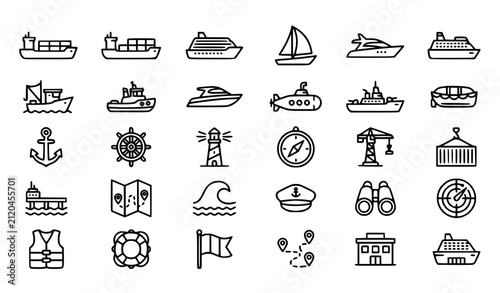 Maritime Outline Icon Collection with Ship Boat Harbor Navigation and Ocean Transport Vector
