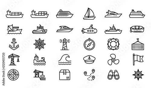 Ship and Maritime Thin Line Icon Set with Cargo Cruise Sailboat Anchor and Editable Stroke Vector