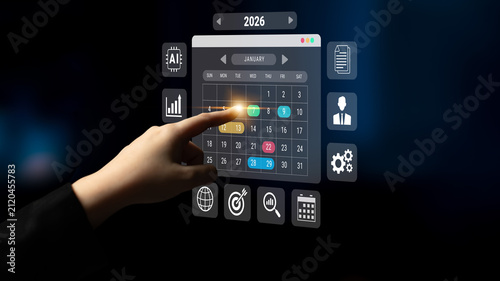 2026 calendar interface surrounded by AI, data, and business icons representing scheduling, planning, and productivity management Parse