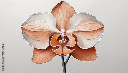 Minimalist Peach Orchid Flower Graphic Illustration With Grey Leaf Accents On White Background