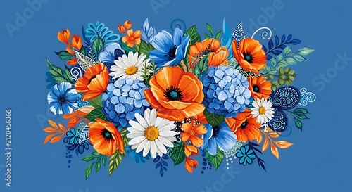 Vibrant floral arrangement featuring bright orange poppies, blue hydrangeas, and white daisies against a solid blue background, for spring decor