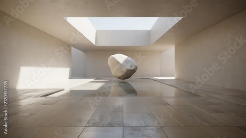 Luxury Minimalist Courtyard with Floating Sculptural Stone and Dramatic Skylight