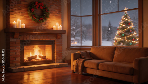 Cozy living room with fireplace and Christmas tree