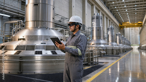 Industrial engineer inspecting stainless steel machinery with a tablet