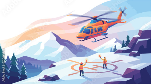 Orange rescue helicopter landing on a mountain helipad with ground crew.