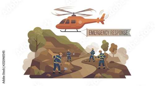 Emergency response team with helicopter during a rescue mission.