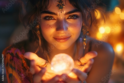 Mystical young woman holding a glowing crystal ball in her hands with magical bokeh lighting