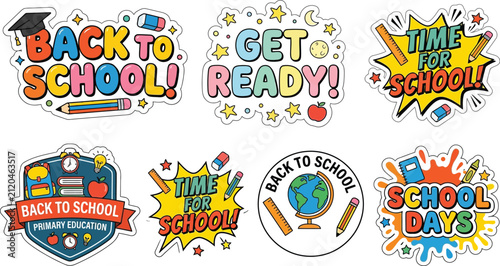 Back to school badges display vibrant lettering and academic themes meant to celebrate the start of the semester.