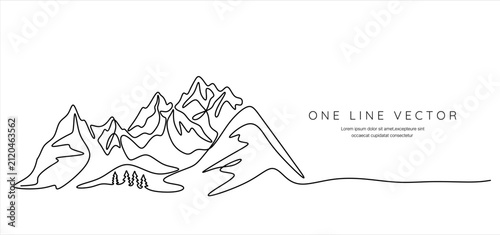 One continuous line drawing of mountain range landscape. Web banner with mounts in simple linear style. Adventure winter sports concept isolated on white. Hand drawn one line vector. Editable stroke
