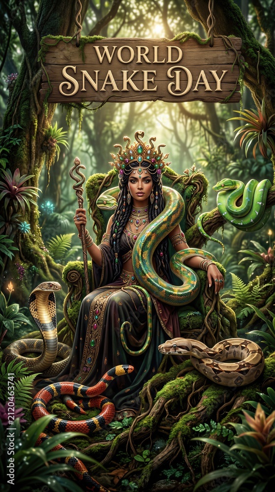Obraz premium Woman queen as goddess sitting on throne with snake in jungle for World Snake Day. Fantasy mystical character with reptile in tropical forest. Exotic wildlife and nature celebration concept.