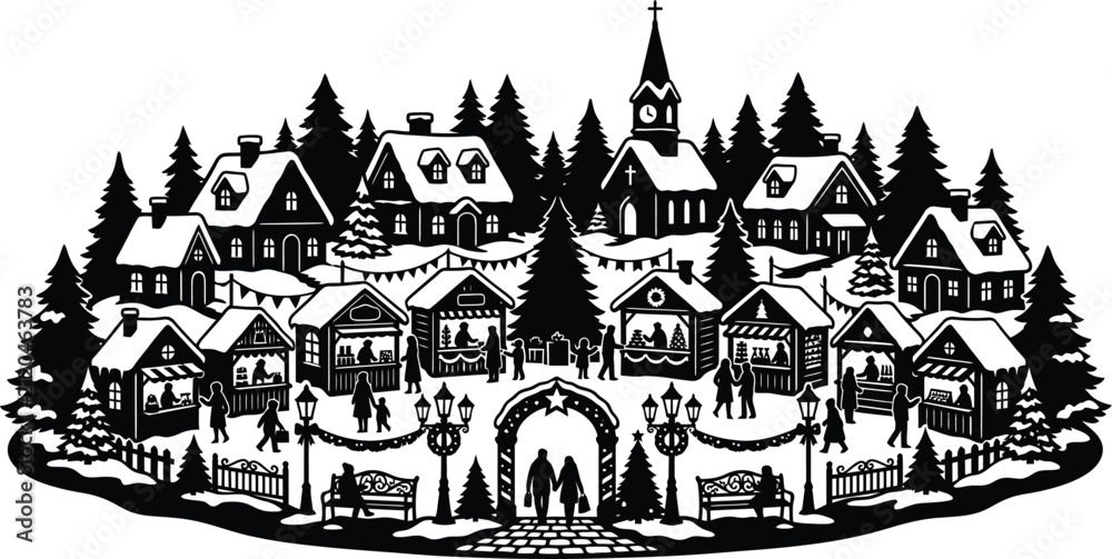 Naklejka premium Black and white line art illustration of a charming winter village scene during the christmas holiday season