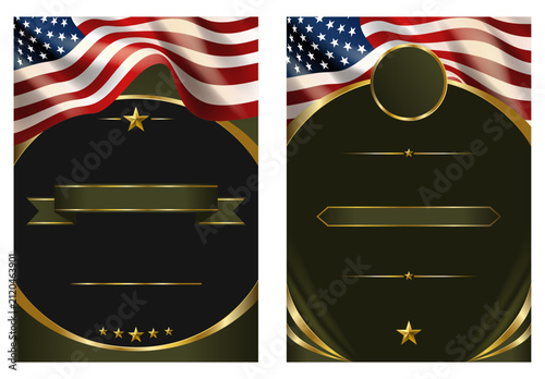 Luxury black and gold military award certificate with USA flag. Editable vector for promotions, invitations, retirement, veterans, recognition, and awards.