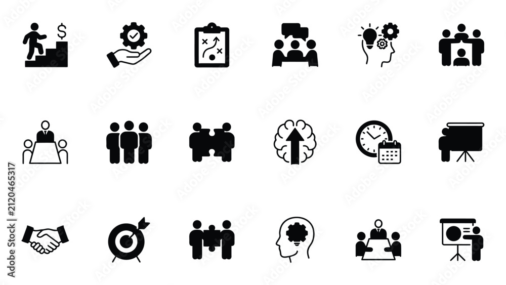 Fototapeta premium Skill development icon set. Representing workshop, training, learning, teamwork, productivity and professional growth.