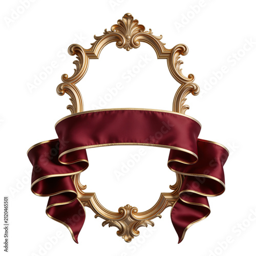 3D Vintage Gold Baroque Frame with Red Ribbon Banner