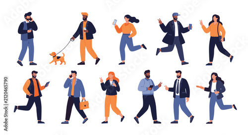 Diverse collection of multiethnic people characters walking running talking on smartphones and going about their daily outdoor activities.