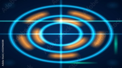 Glowing Cyan Holographic HUD Interface with Rotating Orange Arcs & Crosshair – Sci-Fi Targeting System, Radar & Data Display Background Loop