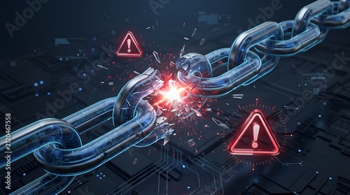 Supply chain vulnerability concept featuring breaking digital chain with warning alerts representing system failure