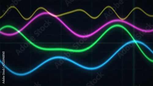 Colorful Neon Sine Waves Flowing on Dark Grid – Glowing Audio Frequency, Signal Processing & Data Stream Background Loop