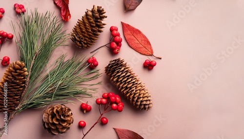 Vibrant Winter Flat Lay With Pine Cones Dried Leaves And Bright Red Berries In Natural Colors