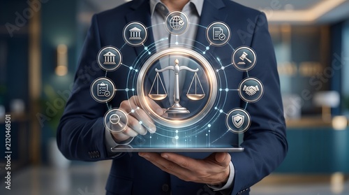 Corporate governance concept showing a businessman using a tablet with glowing scales of justice and legal compliance icons for digital management
