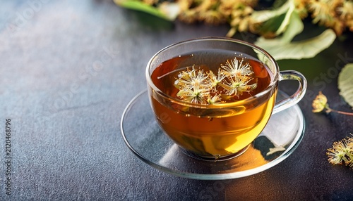 Herbal Tea With Dried Linden Flowers In A Clear Glass Cup