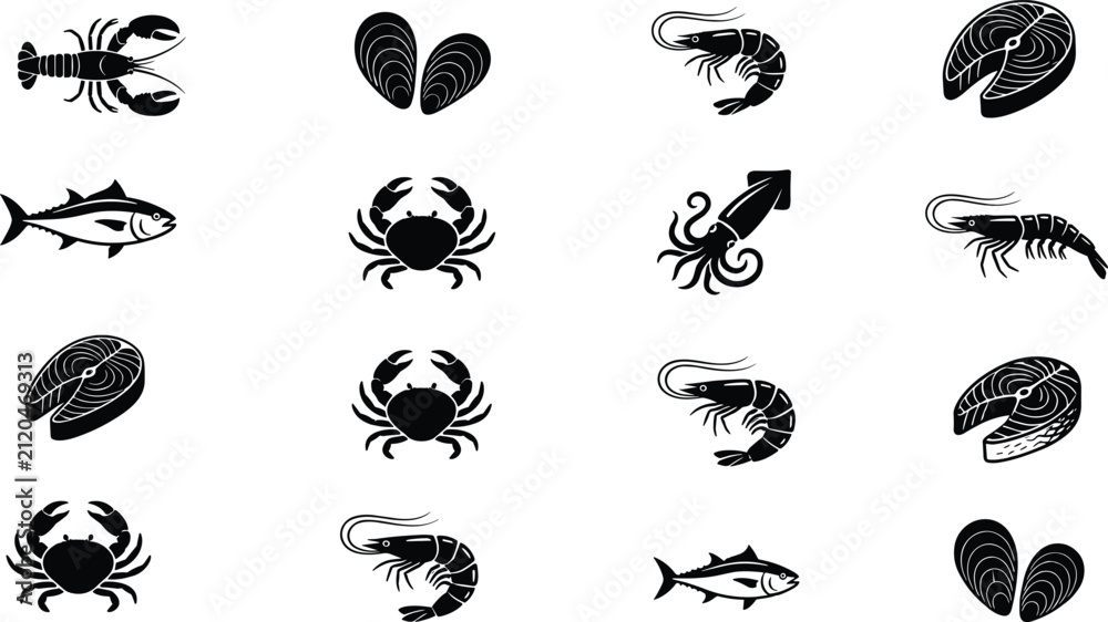 Obraz premium Seafood and Marine Products Black Silhouette Icon Set Featuring Fish Steak Crab Shrimp Lobster Squid Salmon Mussel and Tuna Graphic Symbols for Restaurant Menus