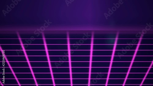 Moving Neon Magenta Grid Floor on Dark Purple – Retro Synthwave 80s Perspective Horizon, Cyberpunk Virtual Reality & Outrun Background Loop