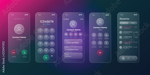 Mobile phone call interface screens set with modern glassmorphism design. Smartphone app UI for incoming, dial pad, in-call, and recents.