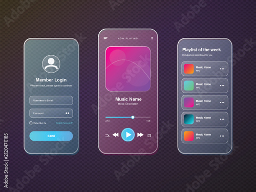 Glassmorphism UI/UX design for mobile apps. Login screen, music player, and playlist interface with frosted glass effect.