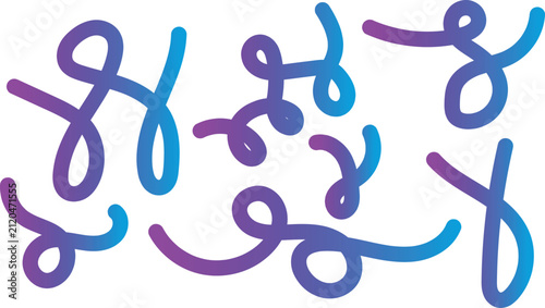 Abstract colorful gradient squiggly lines set, modern fluid shapes, creative hand drawn decorative elements for graphic design, wavy doodle strokes isolated on white background
