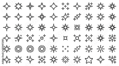 Set of assorted pixel art spark and star icons for digital designs.