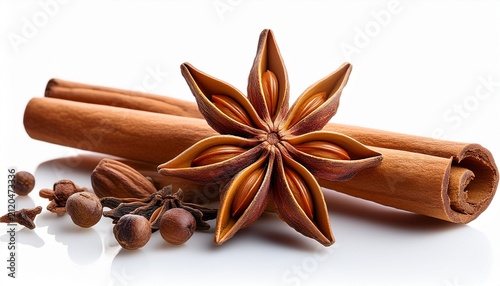 Aromatic Spices Star Anise And Cinnamon Sticks Isolated On White Background