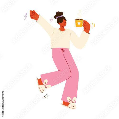 Energetic Woman After Drinking Coffee – Happy Morning Caffeine Flat Vector Illustration