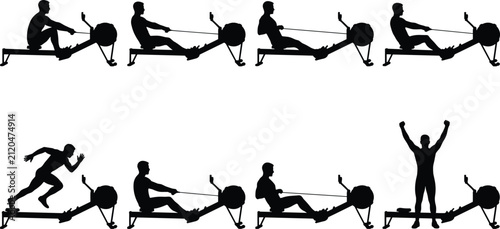 Rowing Machine Exercise Silhouettes in Dynamic Training Motion Poses