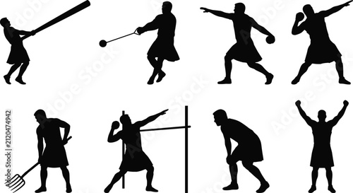 Scottish Highland Games Athlete Silhouettes in Traditional Strength Event Poses