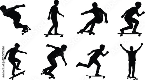 Skateboarding Silhouettes of Riders in Dynamic Tricks and Motion Poses
