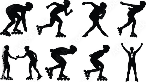 Roller Skating Silhouettes in Dynamic Motion and Victory Poses for Sports Design Concepts