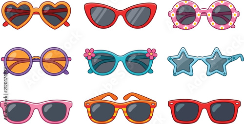 Colorful Kids Sunglasses and Fun Shaped Eyewear Set Featuring Heart, Star, Round, and Retro Frames for Summer Fashion Vector Illustration
