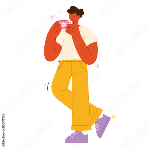 Person Smelling Fresh Coffee Aroma Flat Vector Character Illustration