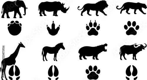 Canvas Print African Safari Animal Silhouette and Footprint Icon Set with Elephant Rhino Lion