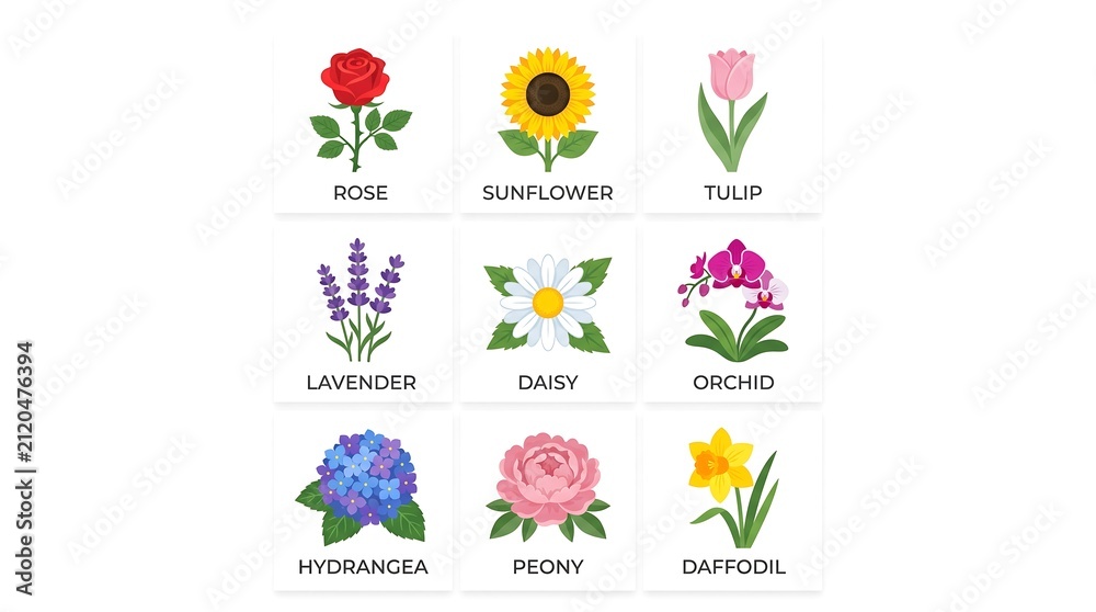 Fototapeta premium Set of nine distinct flower icons including rose sunflower and lavender presented in a vibrant flat vector design for botanical illustrations or educational resources isolated on white