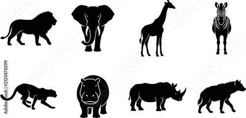 Canvas Print African Safari Wildlife Silhouette Collection with Lion Elephant Giraffe Zebra R