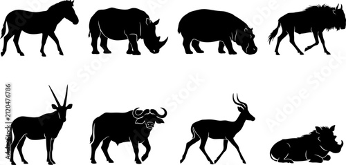 Photography African Safari Wildlife Silhouette Collection with Zebra Rhinoceros Hippopotamus
