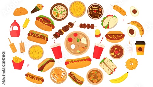 Assorted colorful cookies and candies on white background.