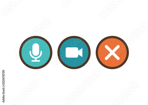 Three circular interface buttons with white for microphone, camera, and a cross symbol, featuring teal and orange colors with thick dark brown outlines on a white background