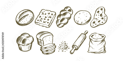Fresh artisanal bread varieties and baking ingredients doodle element collection set, vector illustration