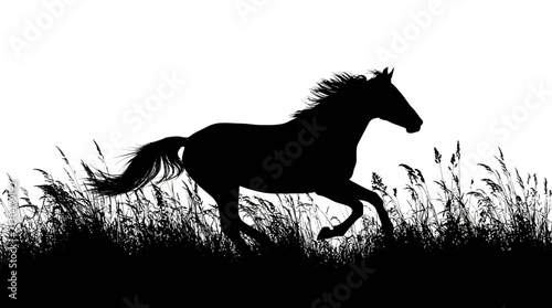 Quadro su tela Running Horse And Grass Silhouette Against White Background