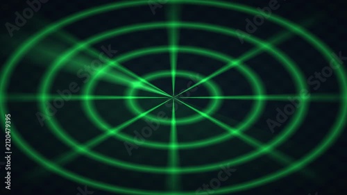 Glowing Green Radar Screen Sweep with Concentric Rings & Crosshairs – Classic Sonar Scanning Display, Military & Aviation Tech HUD Loop
