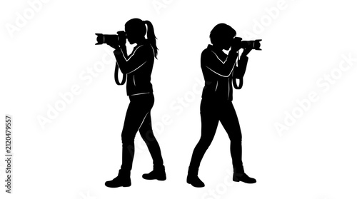Quadro su tela Two photographers with cameras black silhouette photographer