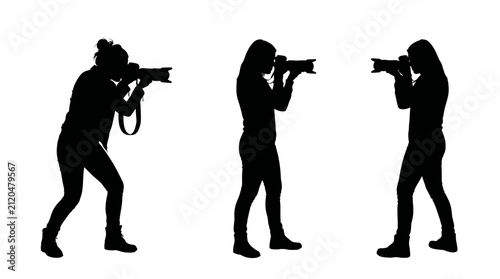 Photographer with camera in various poses black silhouette